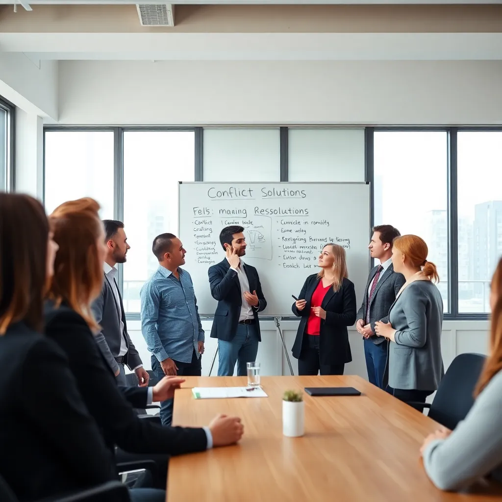 Twee professionals in gesprek met een mediator in een rustige vergaderruimte