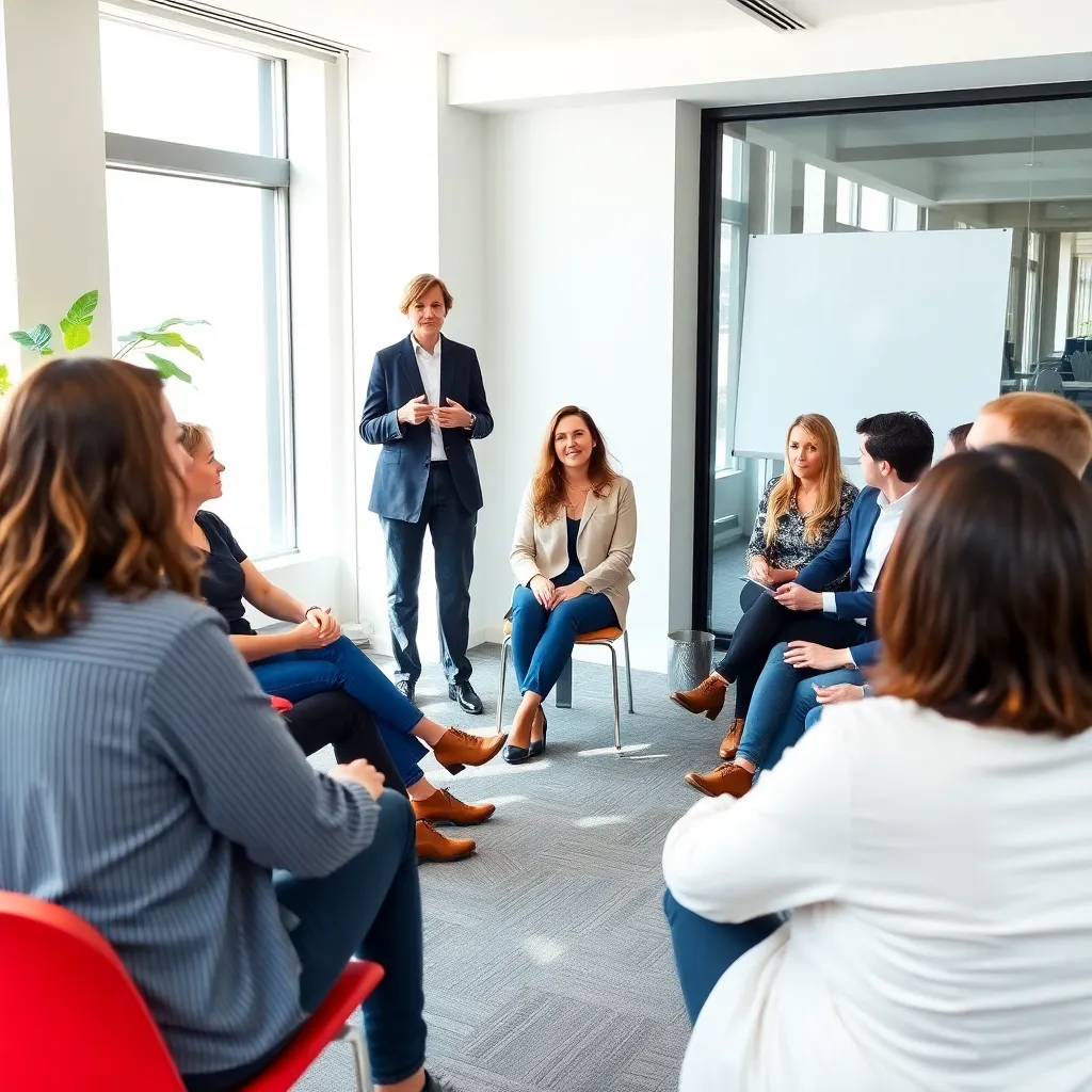 Professionele mediator in gesprek met twee collega's tijdens een bemiddelingssessie