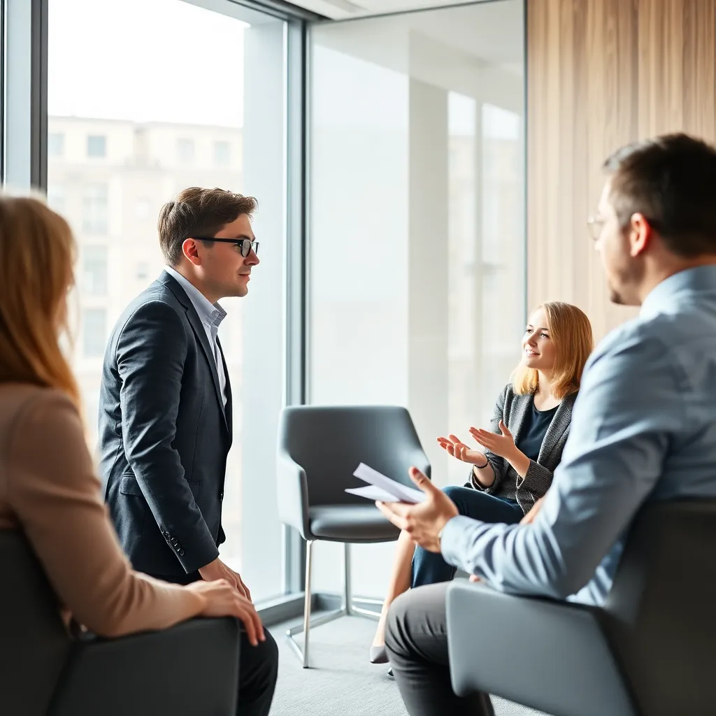 Professionele mediator in gesprek met twee collega's tijdens een bemiddelingssessie