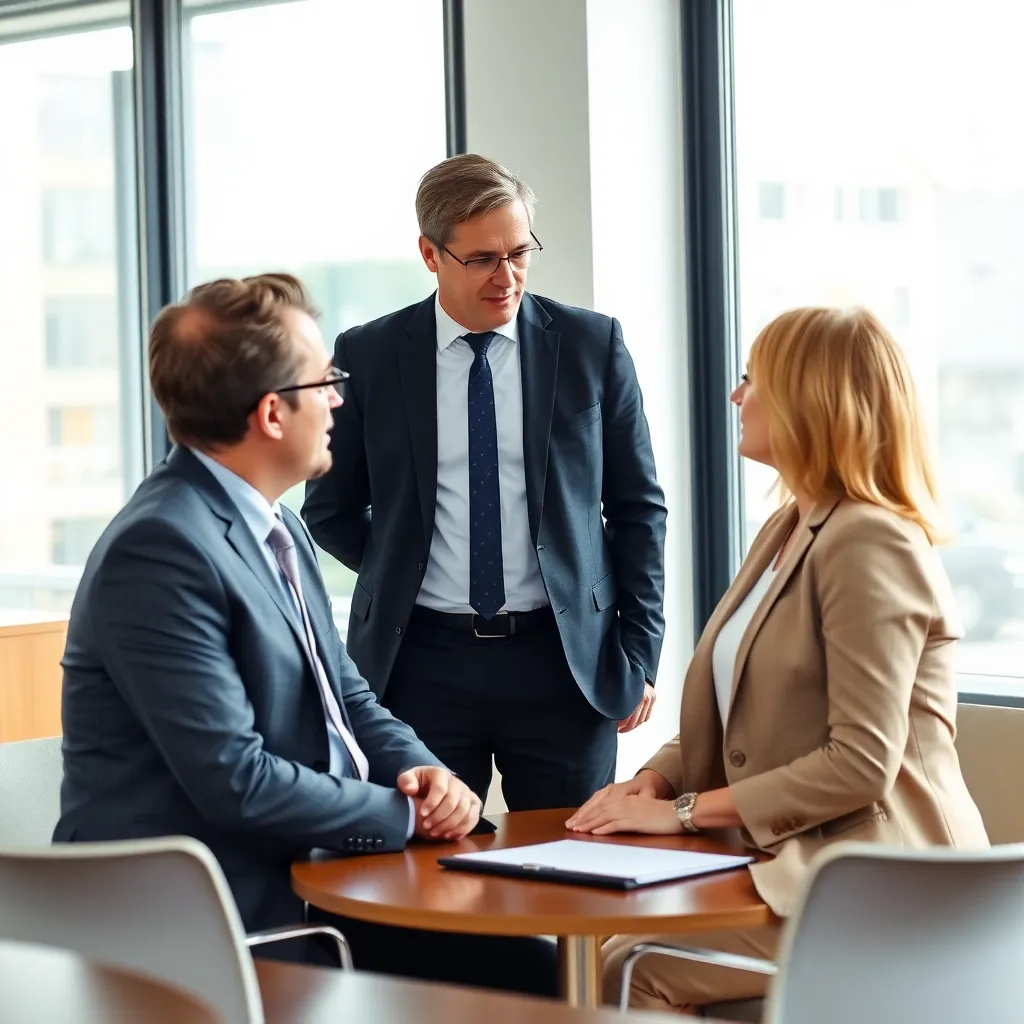 HR-professional in gesprek met twee medewerkers in een vergaderruimte