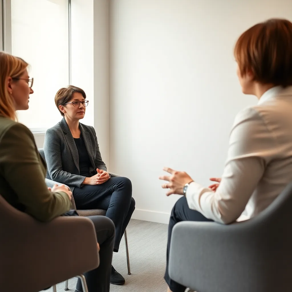 Professionele mediator die een gesprek leidt tussen twee zakenmensen